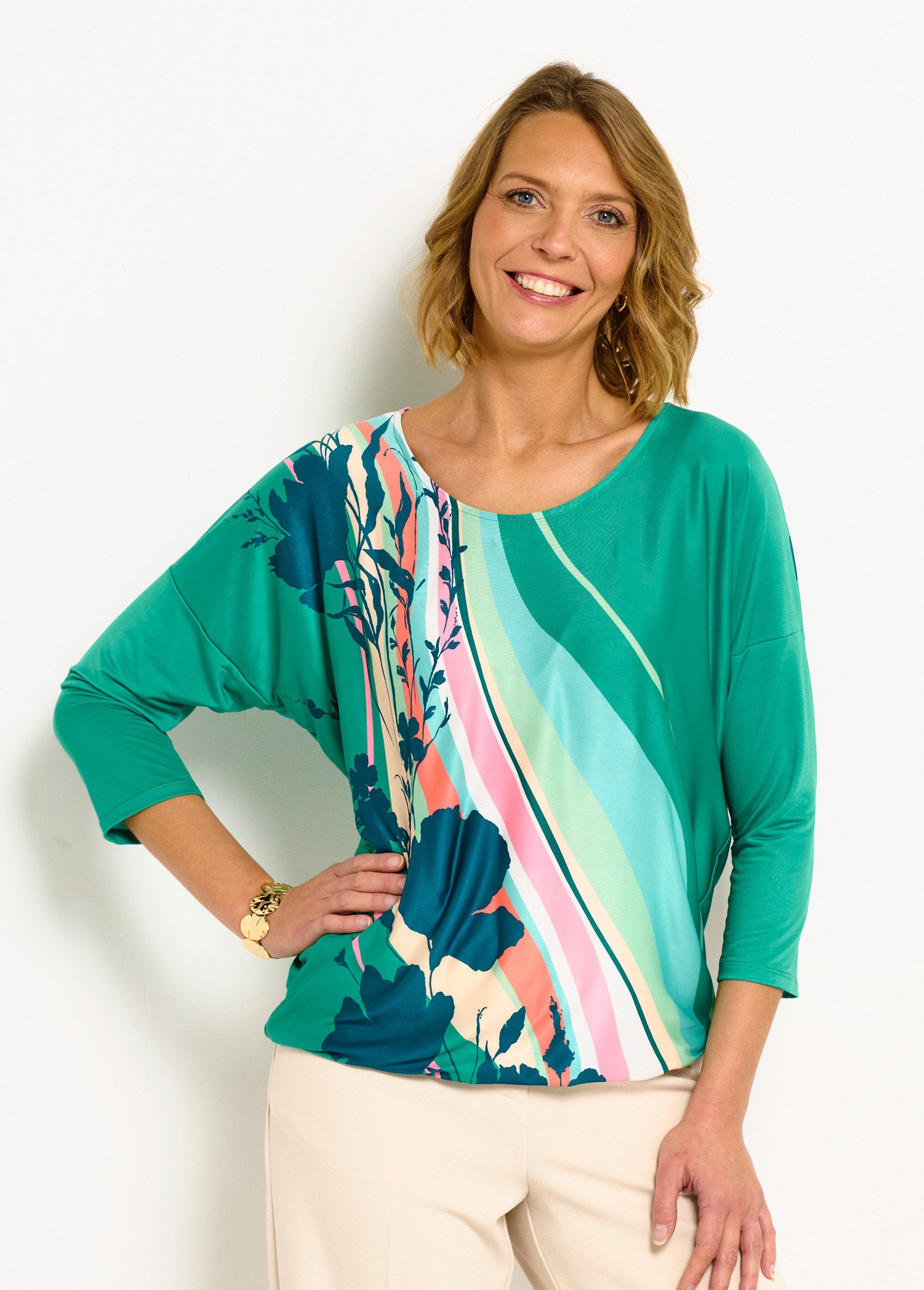 T-shirt_a_fantasia_con_maniche_a_3/4_Vert_et_rose_FA1_slim