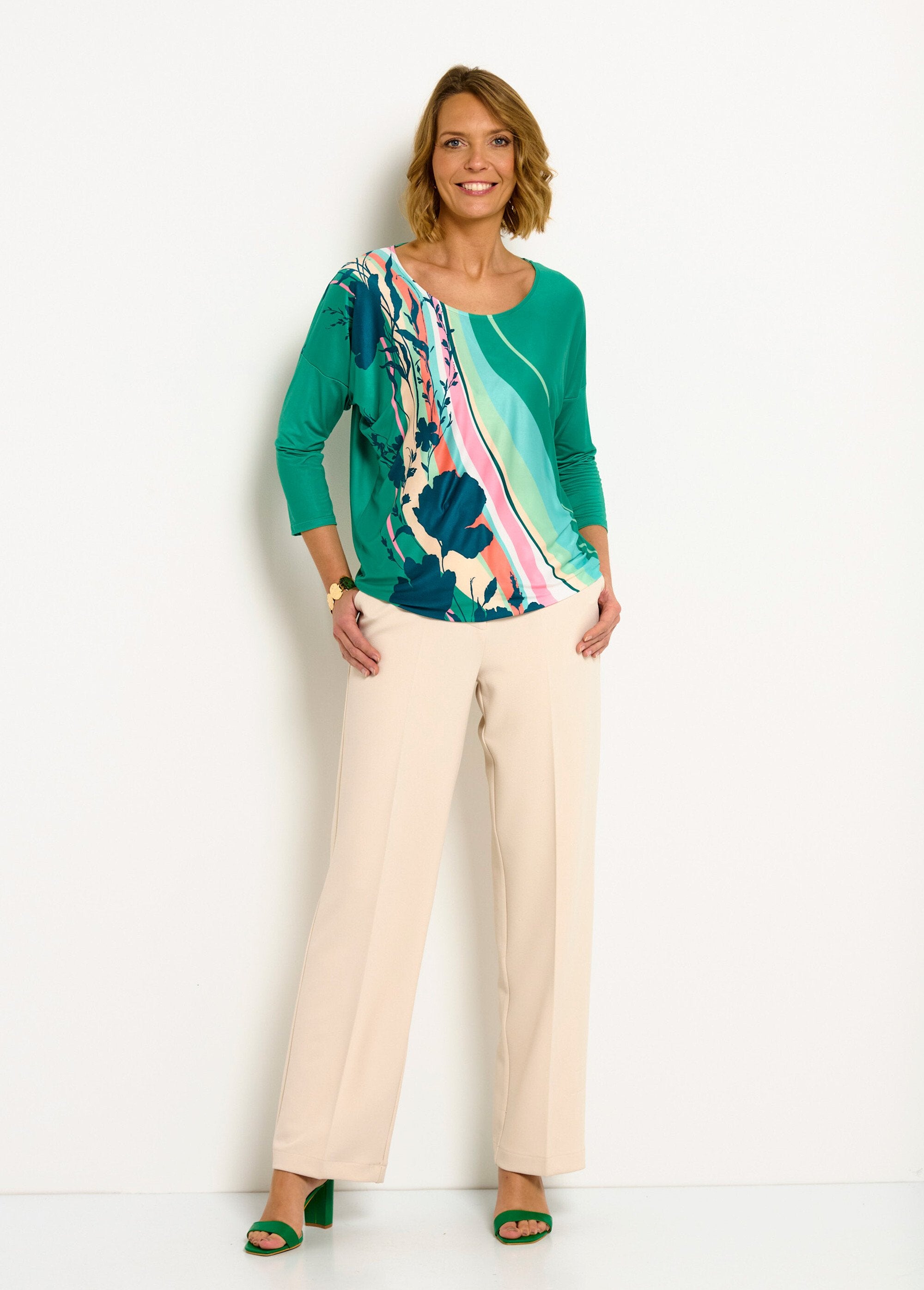T-shirt_a_fantasia_con_maniche_a_3/4_Vert_et_rose_SF1_slim
