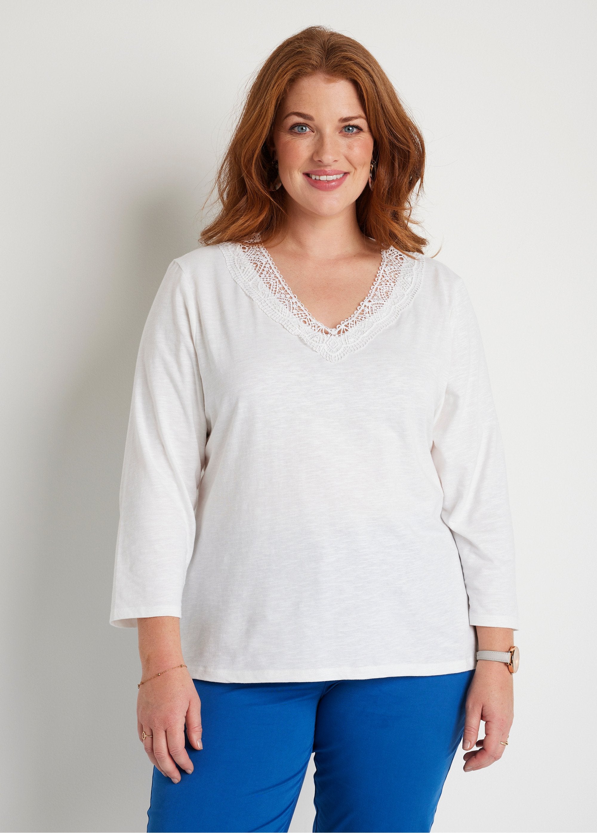 T-shirt_manica_3/4_in_cotone_e_macramè_Bianco_FA1_curvy