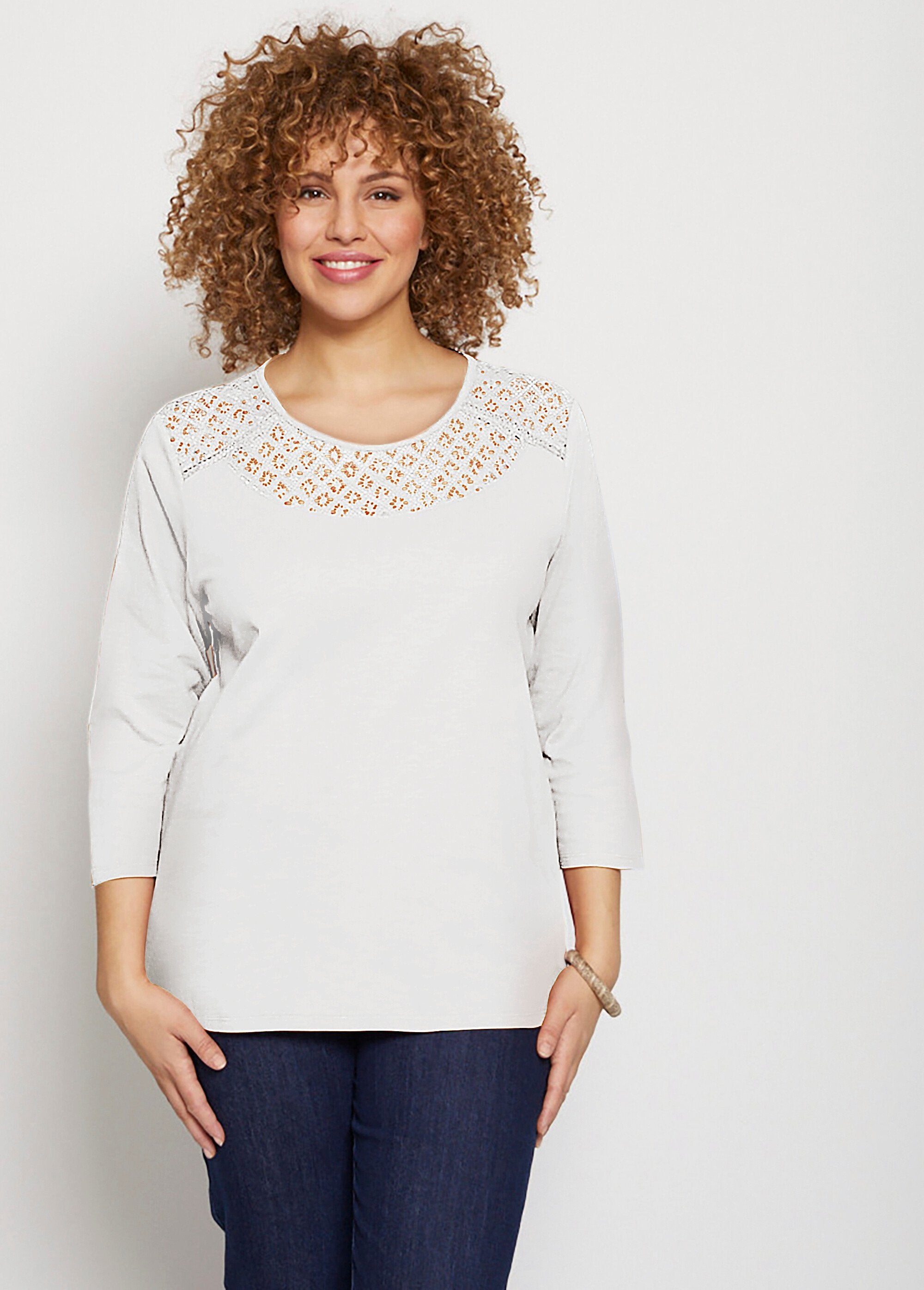 T-shirt_in_cotone_e_pizzo_con_maniche_a_3/4_BIANCO_FA1_curvy