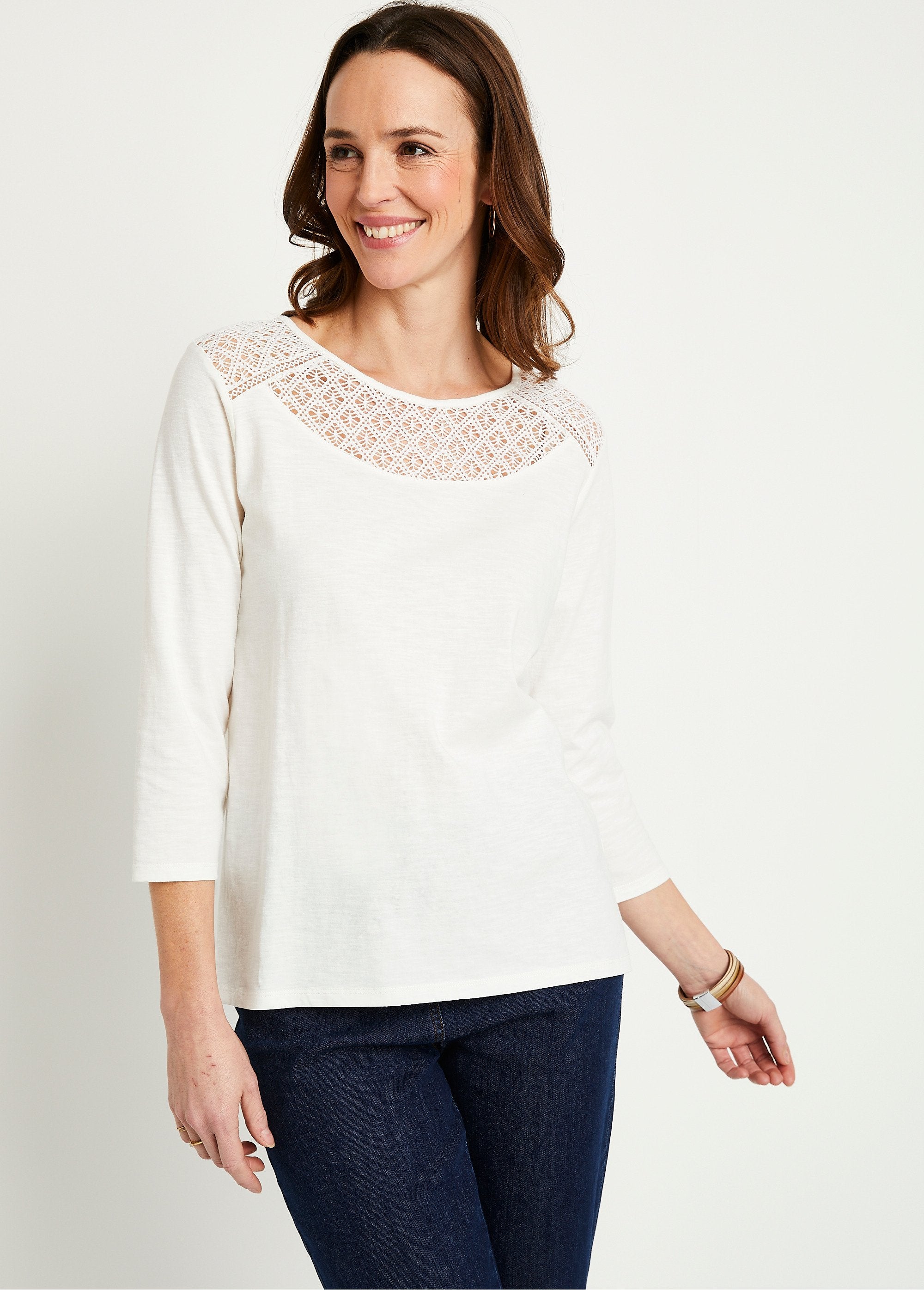 T-shirt_in_cotone_e_pizzo_con_maniche_a_3/4_BIANCO_FA1_slim