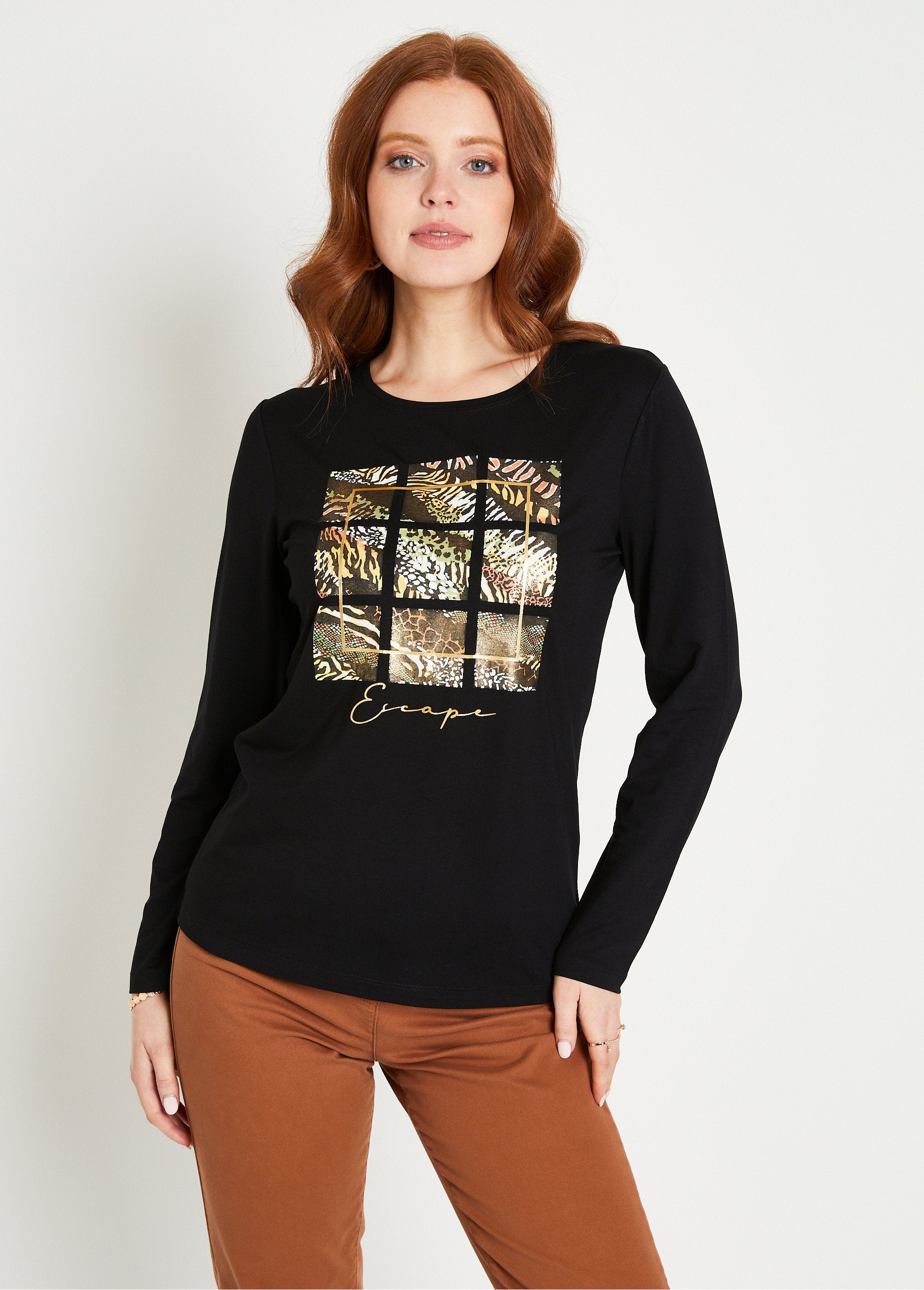 T-shirt_a_maniche_lunghe_in_tinta_unita_Noir_et_beige_FA1_slim