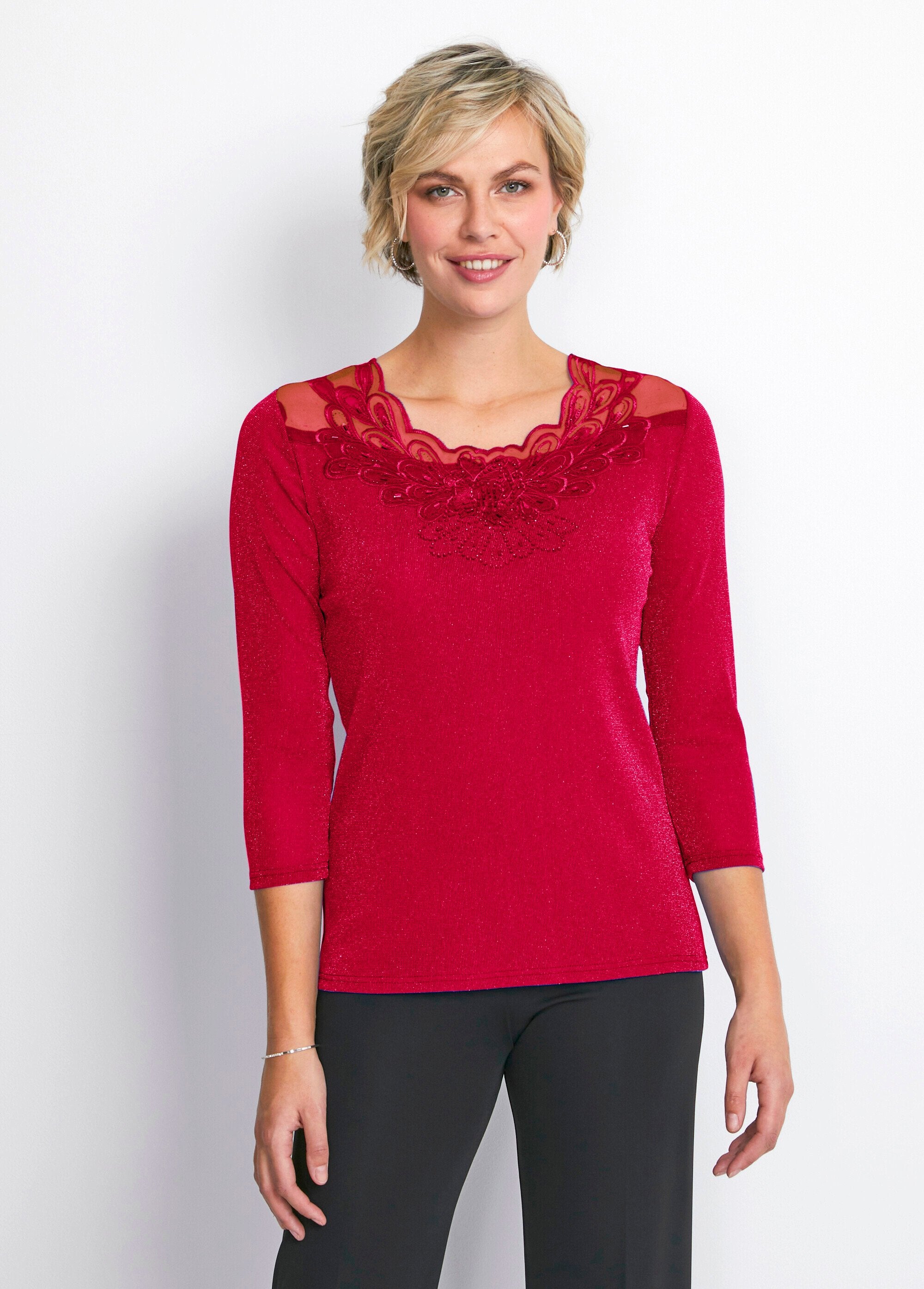 T-shirt_ricamata_lucida_con_maniche_a_3/4_ROSSO_FA1_slim