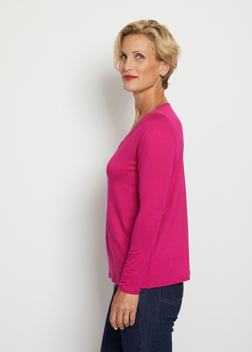 T-shirt_corta_con_scollo_a_V_in_pizzo,_maniche_lunghe_Fucsia_DR1_slim