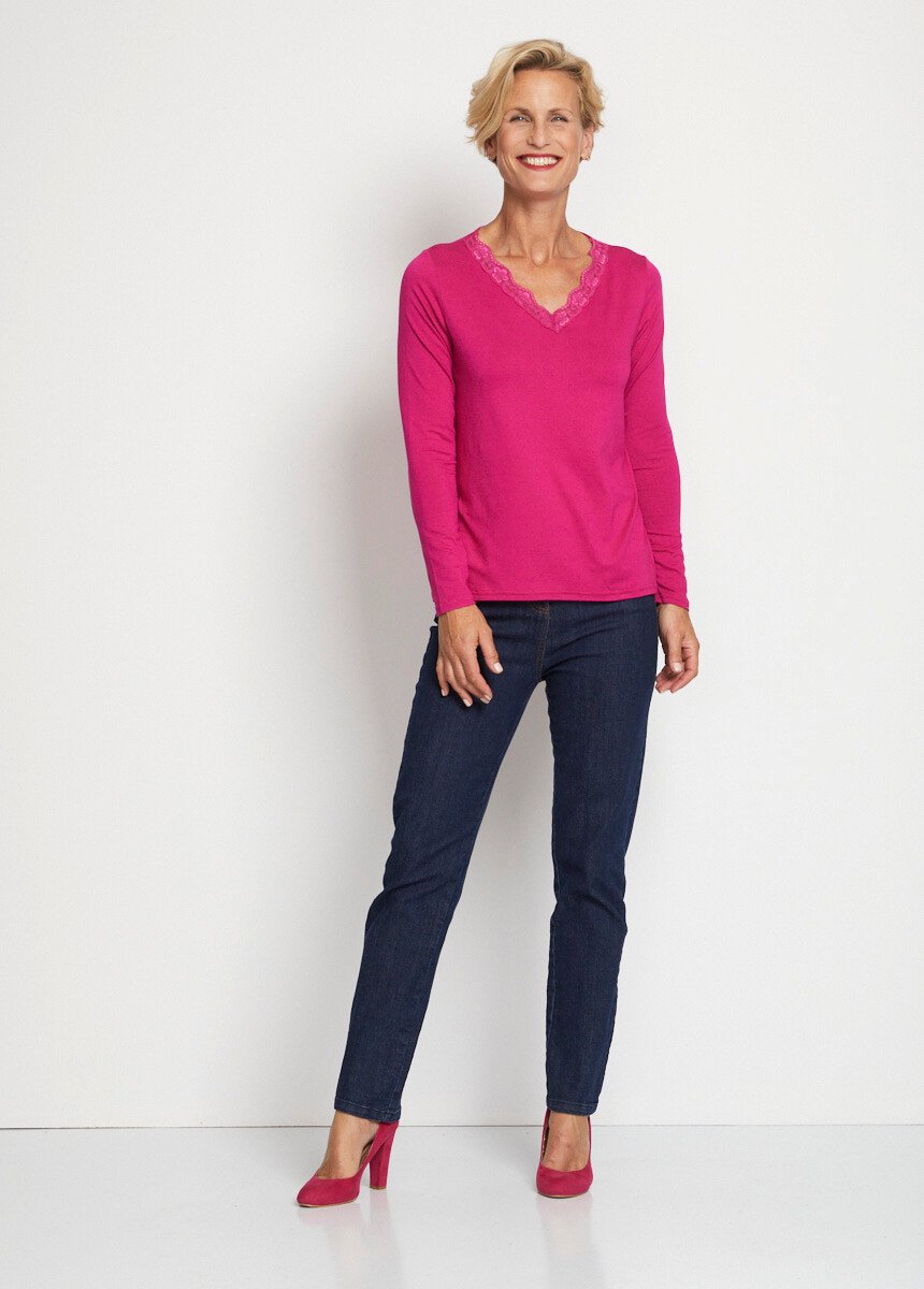 T-shirt_corta_con_scollo_a_V_in_pizzo,_maniche_lunghe_Fucsia_SF1_slim