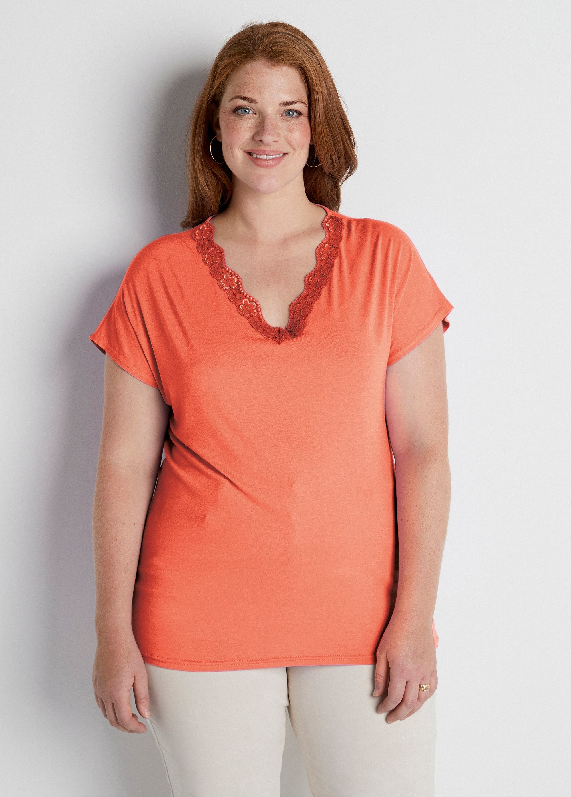 T-shirt_corta_in_pizzo_elasticizzato_Corallo_FA1_curvy