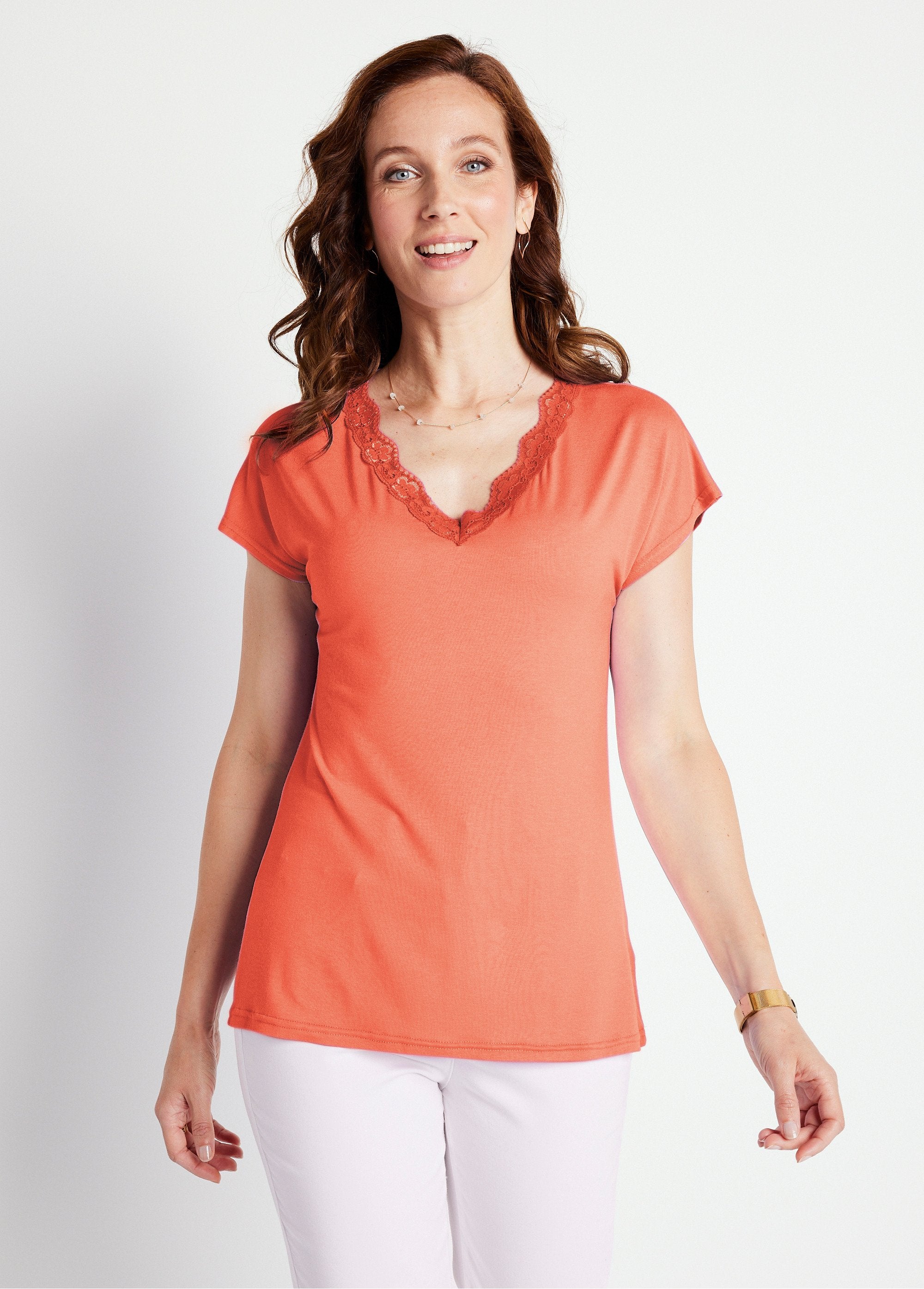 T-shirt_corta_in_pizzo_elasticizzato_Corallo_FA1_slim