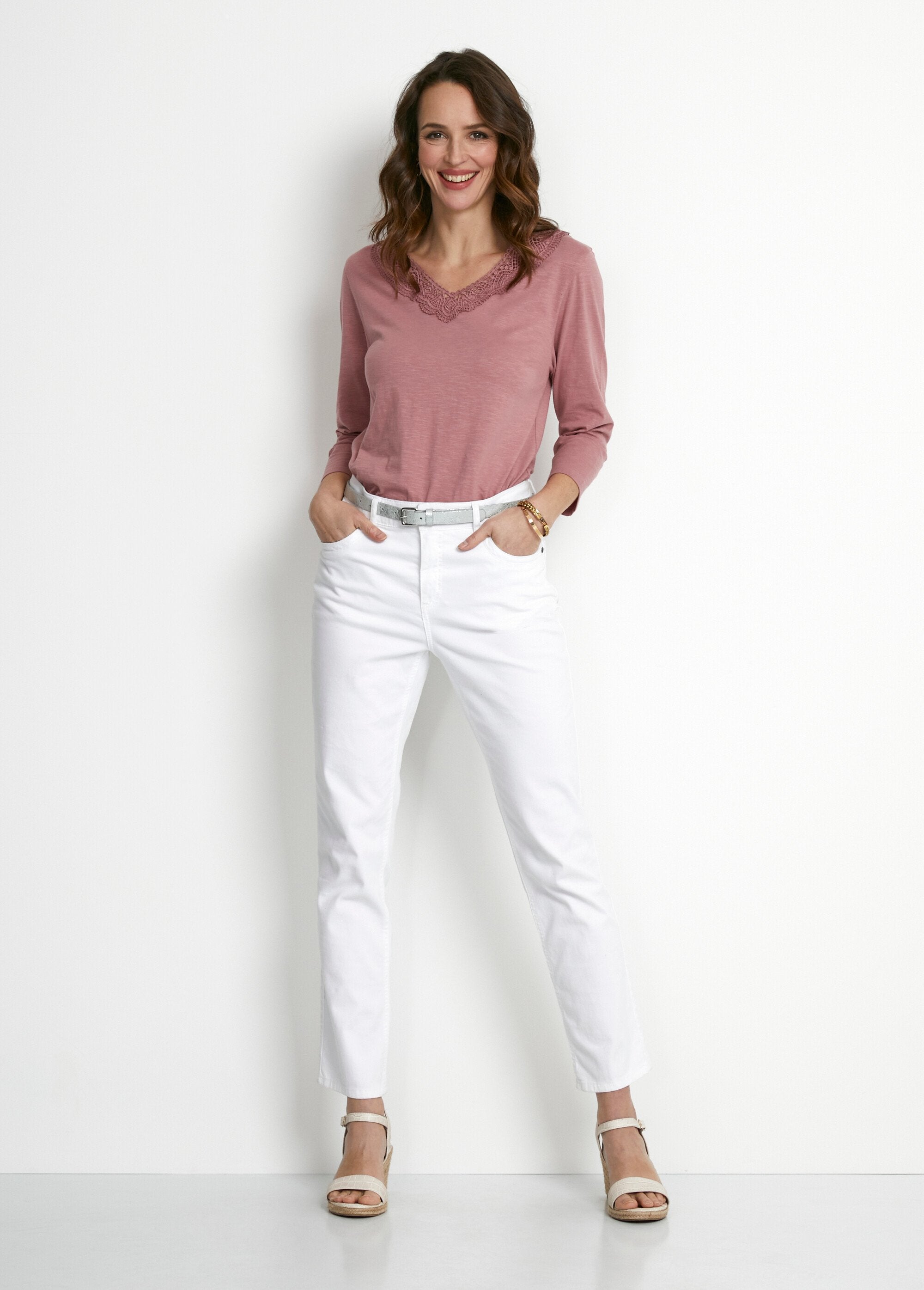 T-shirt_manica_3/4_in_cotone_e_macramè_Rosa_SF1_slim