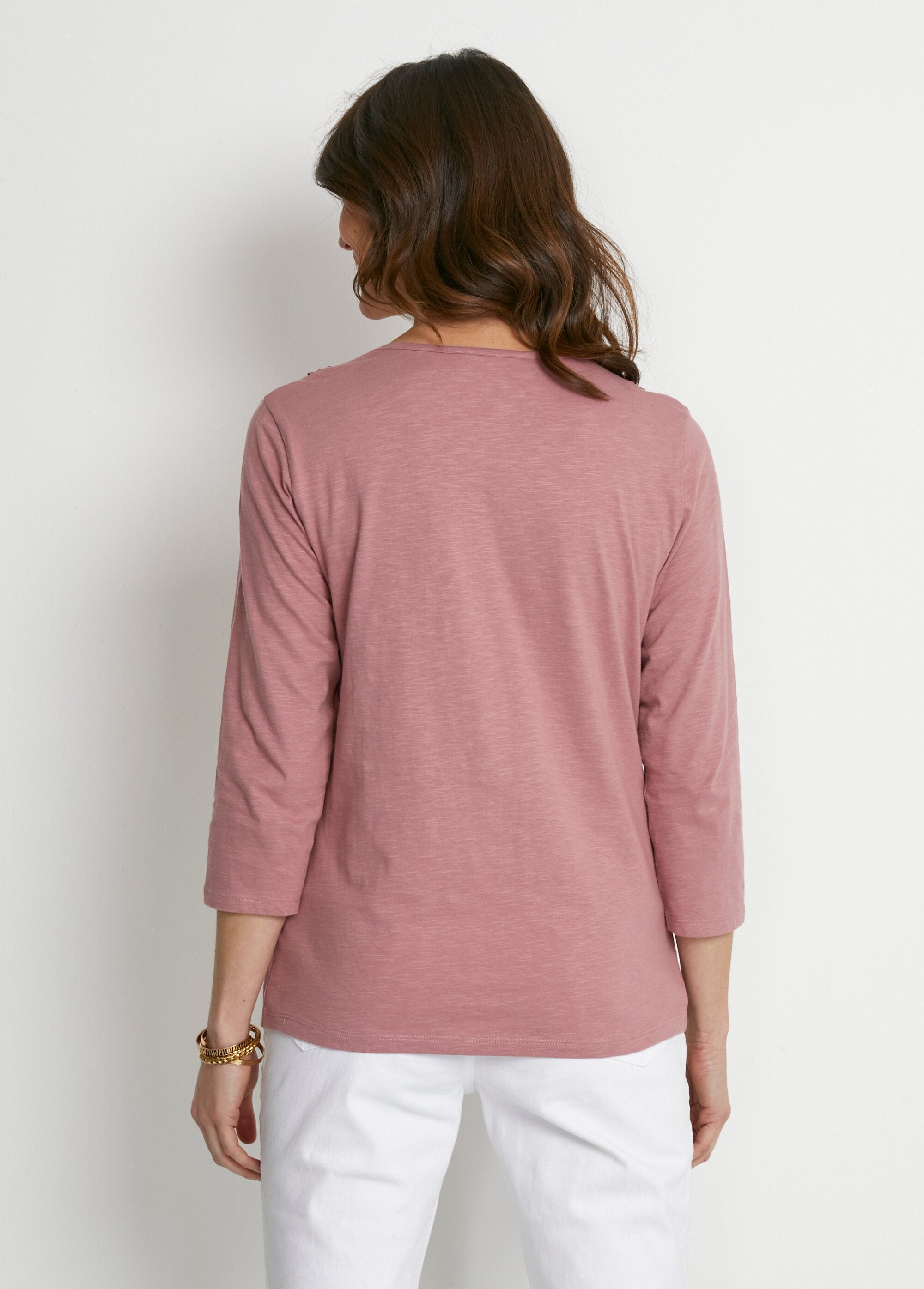 T-shirt_manica_3/4_in_cotone_e_macramè_Rosa_DO1_slim