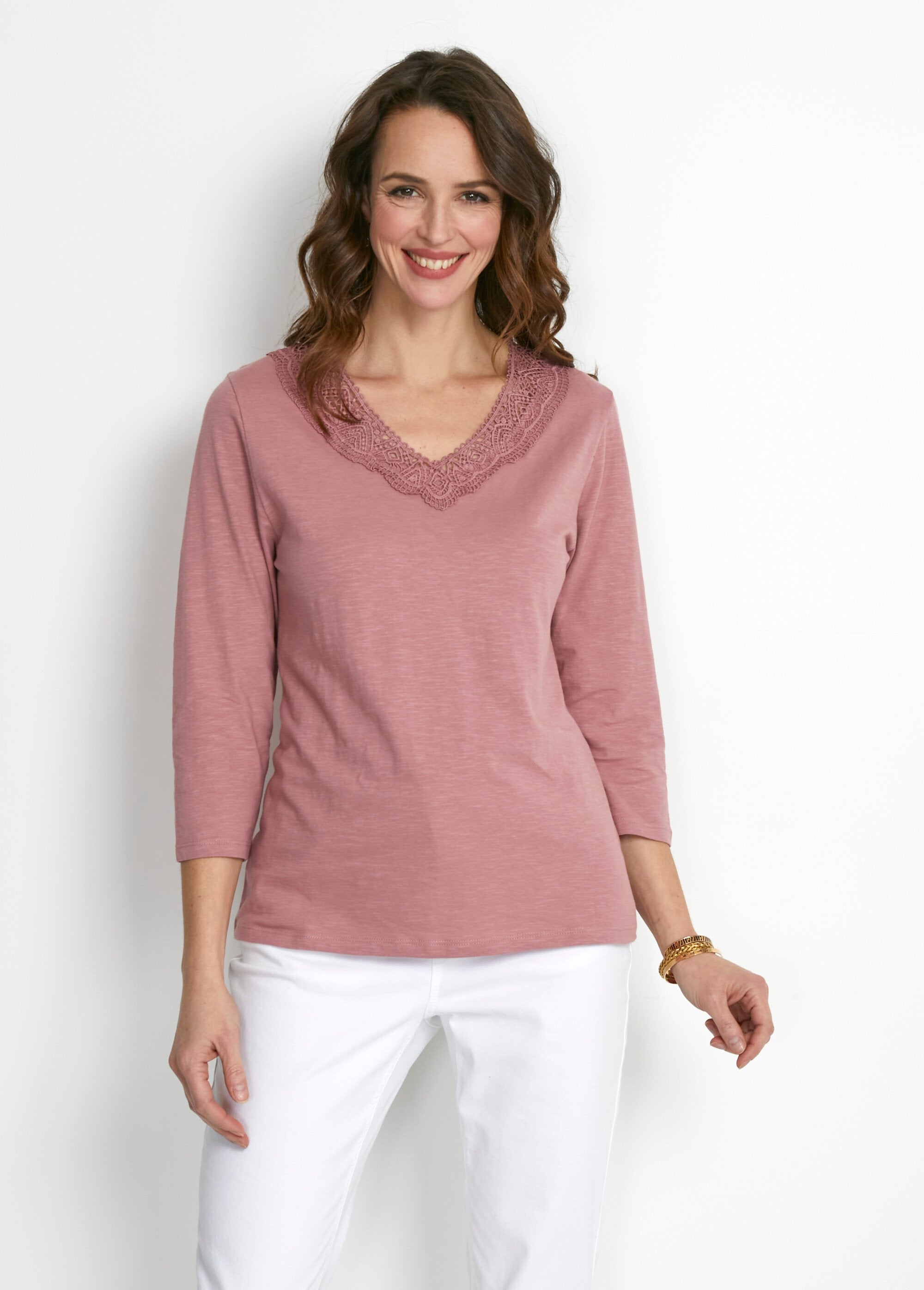 T-shirt_manica_3/4_in_cotone_e_macramè_Rosa_FA1_slim