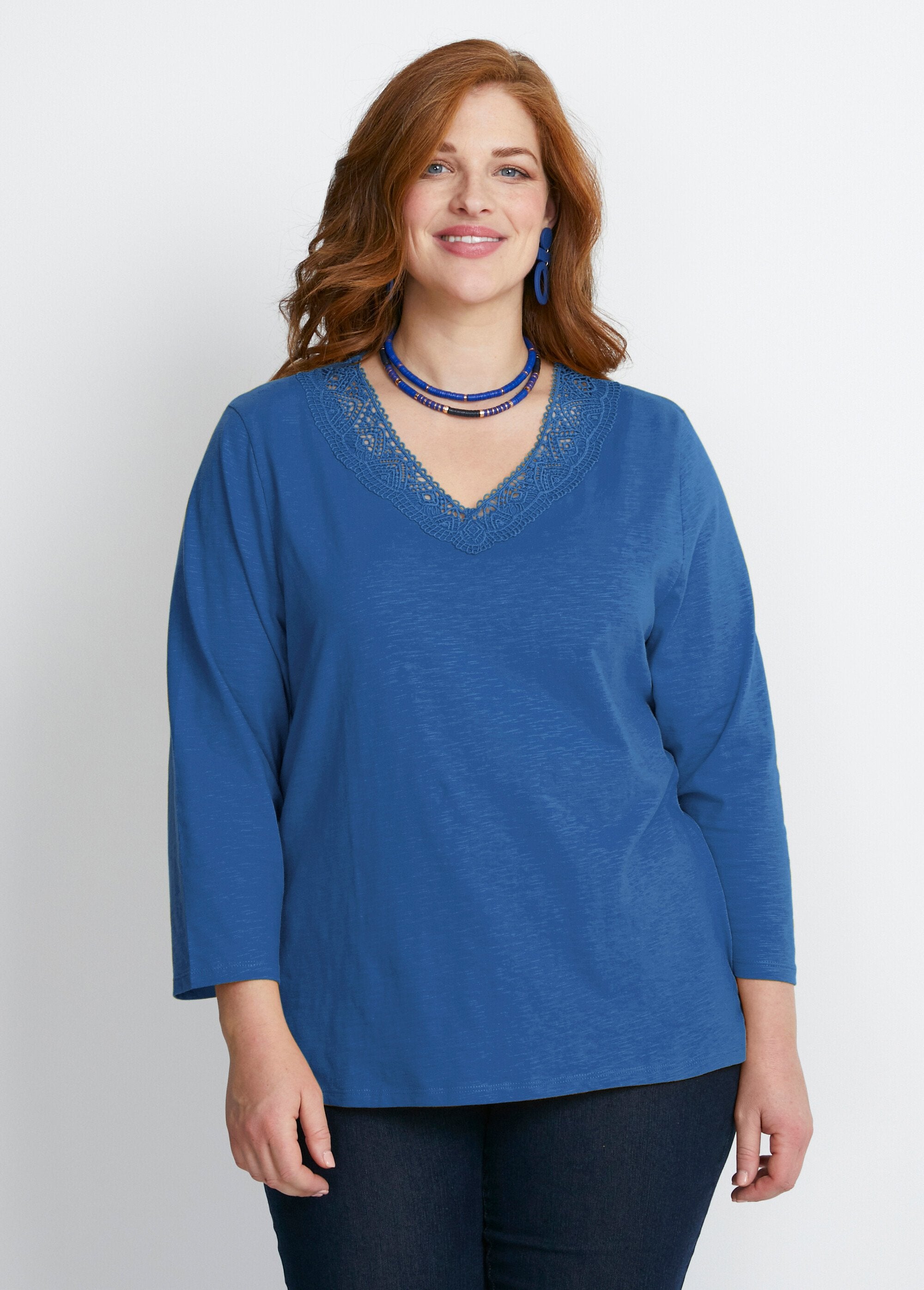 T-shirt_manica_3/4_in_cotone_e_macramè_Blu_FA1_curvy