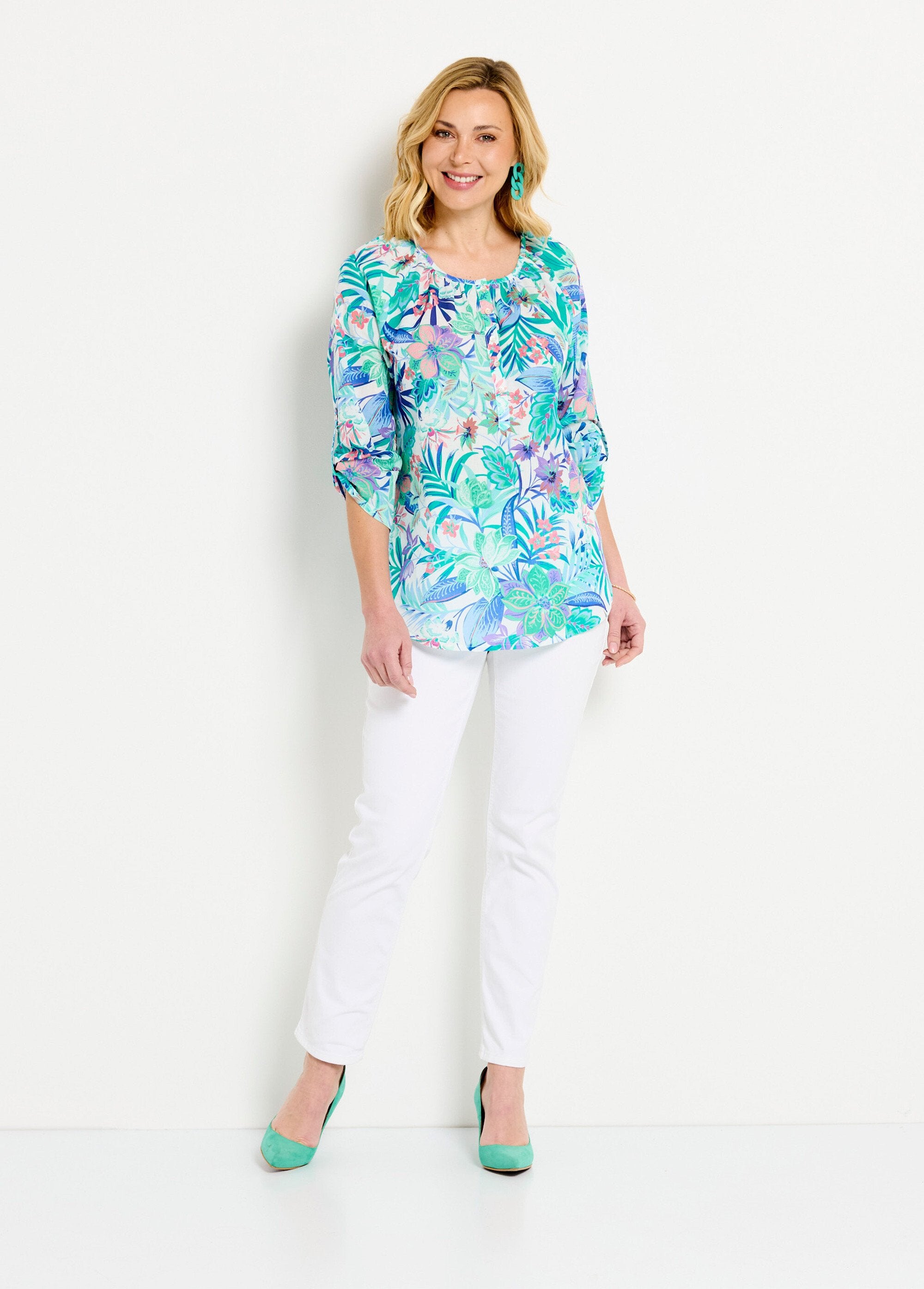Tunica_in_voile_di_cotone_stampato_dalla_vestibilità_ampia,_maniche_a_3/4_Multicolore_SF1_slim