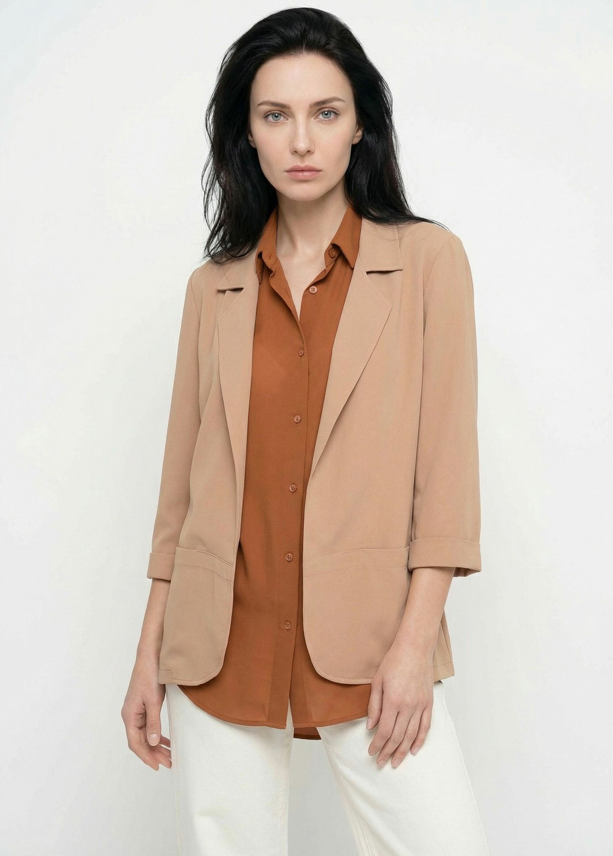 Giacca_Essentiel_con_collo_a_3/4_Camel_FA1_slim