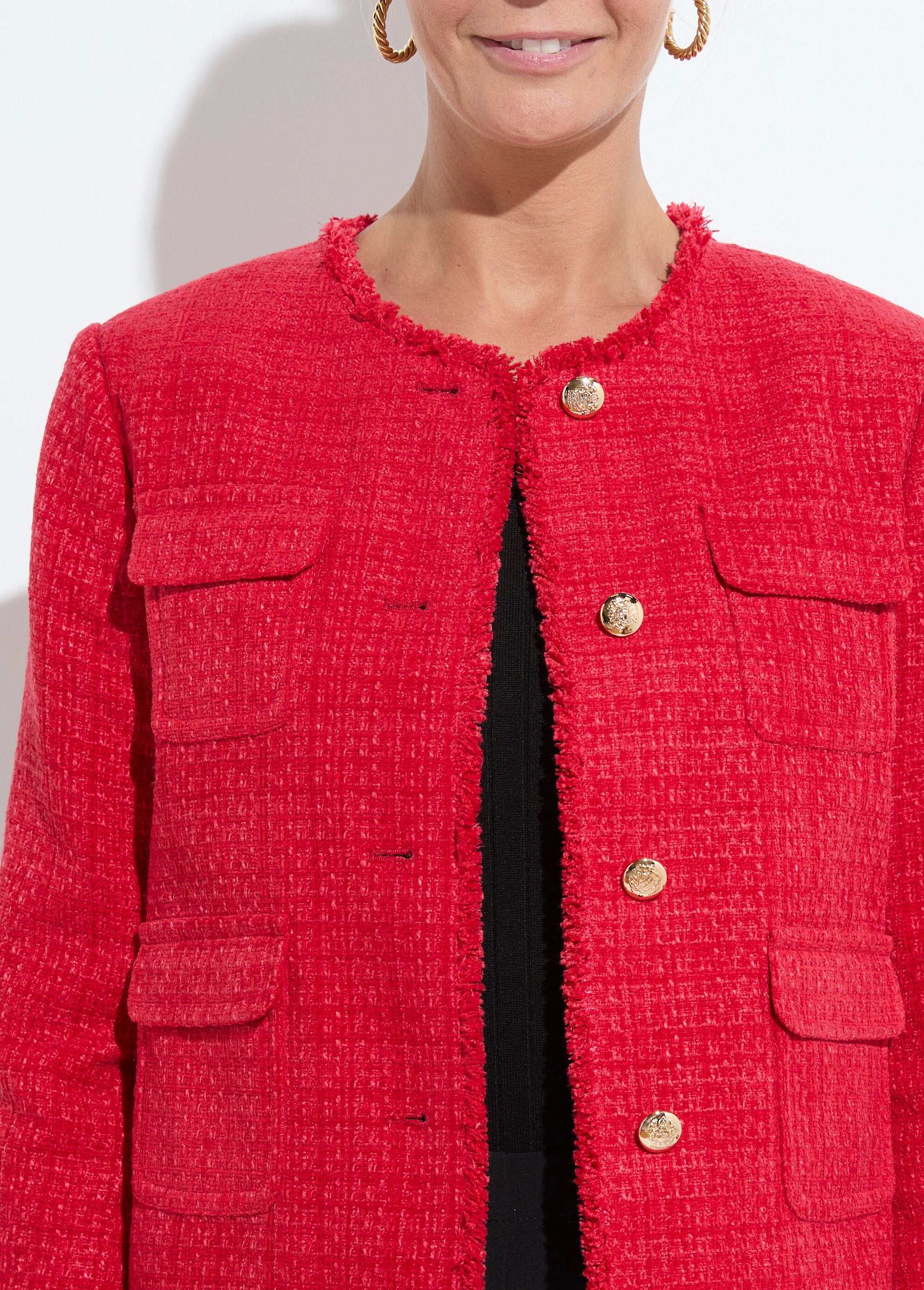 Giacca_in_tweed_senza_colletto_con_frange_e_bottoni_Rouge_DE1_slim
