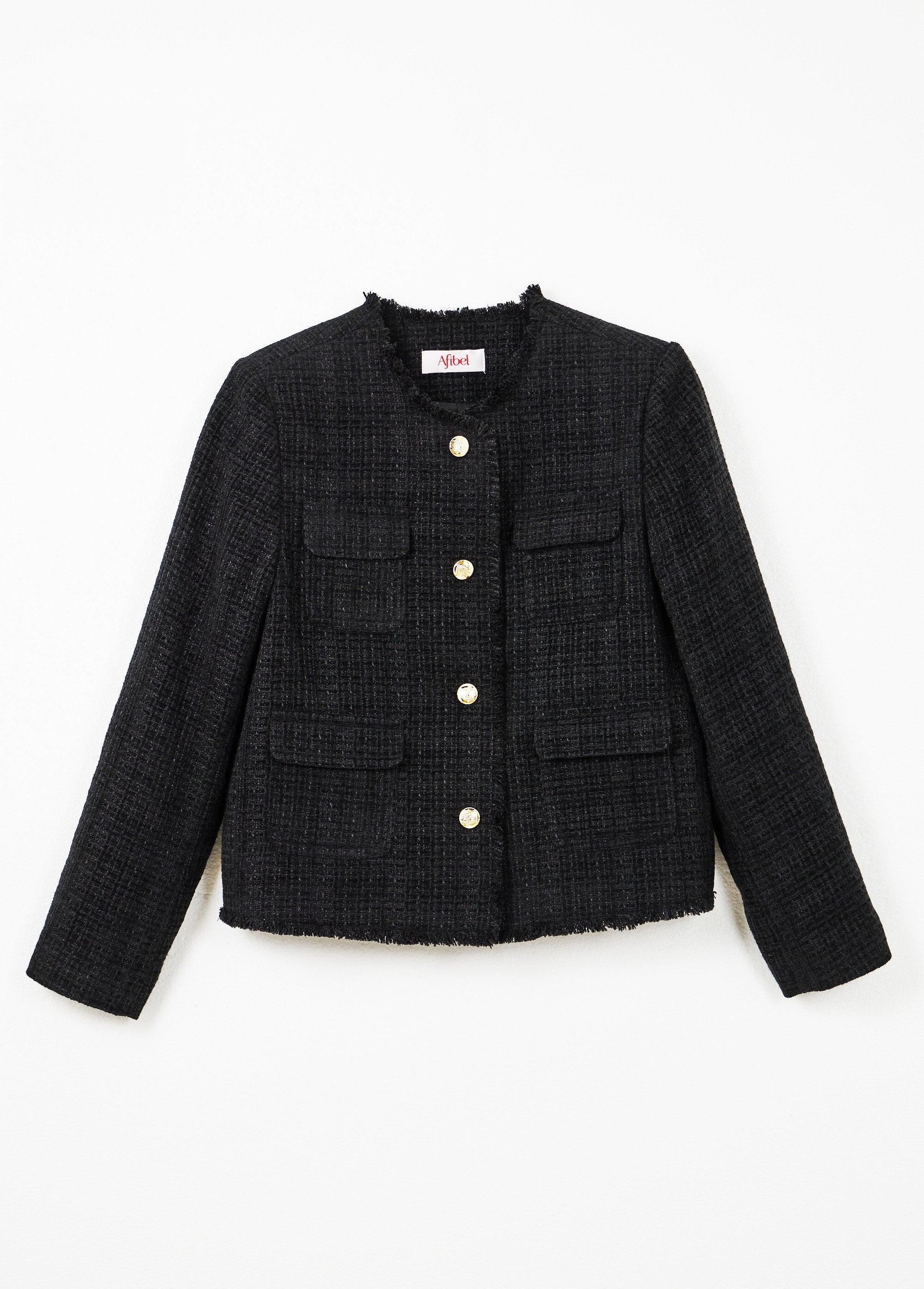 Giacca_in_tweed_senza_colletto_con_frange_e_bottoni_Noir_AP1_slim